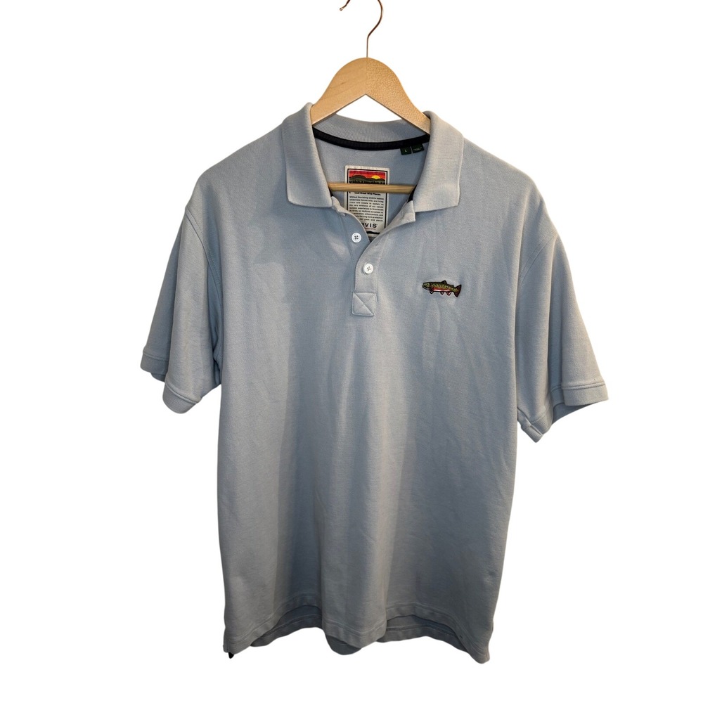 Orvis Mens Light Blue Trout Embroidered Pique Polo Shirt Large Short Sleeve